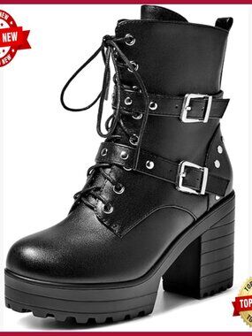 Ankle Boots Round Toe Gothic Chunky Platform Combat Lace Up Side Zipper Booties